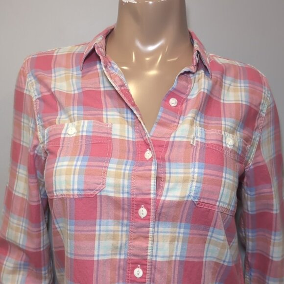 Levi's Boyfriend Fit Plaid Shirt Casual Button Front Pink Cotton Long Sleeve Top - Picture 2 of 13